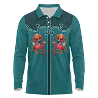 Western Yoke Long Sleeve Polo Shirt Flamingo Relax Cowboy Style - Wonder Print Shop