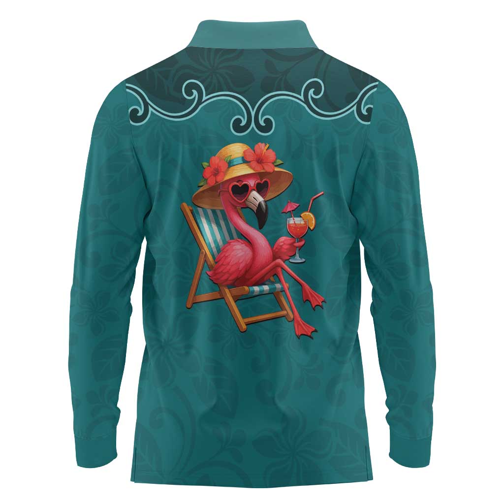 Western Yoke Long Sleeve Polo Shirt Flamingo Relax Cowboy Style - Wonder Print Shop