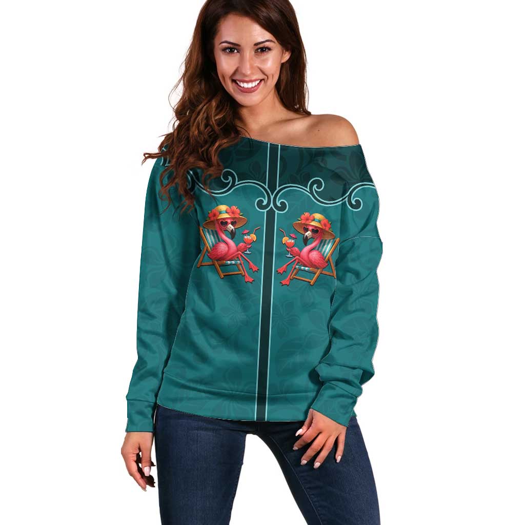 Western Yoke Off Shoulder Sweater Flamingo Relax Cowboy Style - Wonder Print Shop