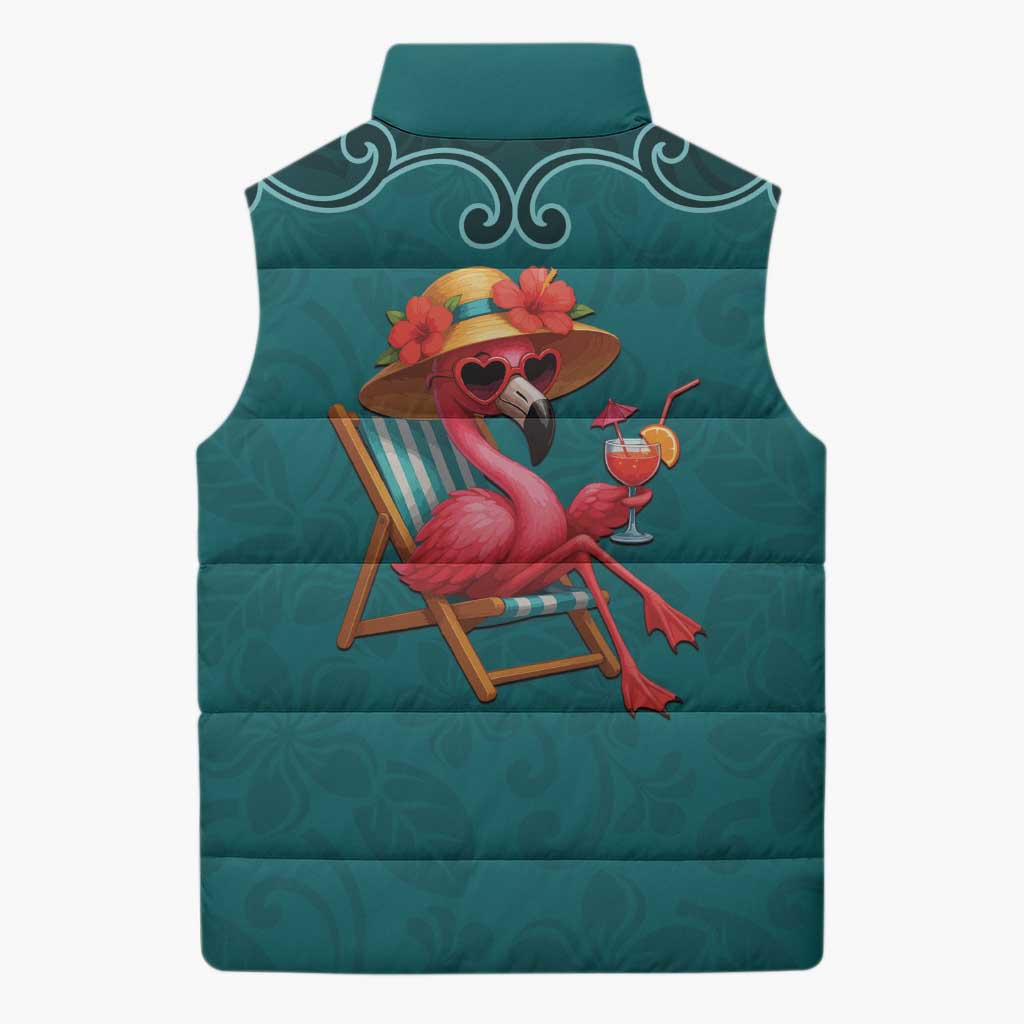 Western Yoke Sleeveless Puffer Jacket Flamingo Relax Cowboy Style - Wonder Print Shop