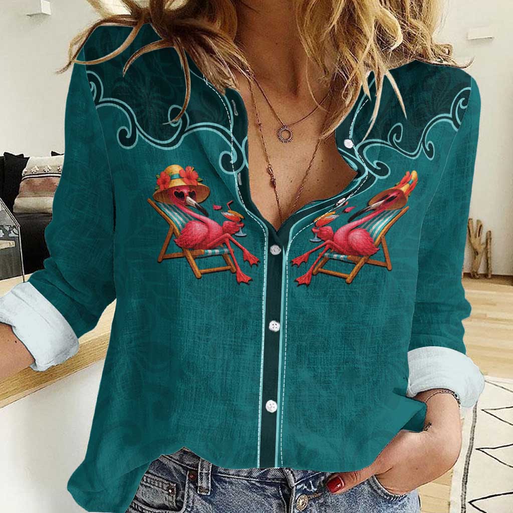 Western Yoke Women Casual Shirt Flamingo Relax Cowboy Style - Wonder Print Shop