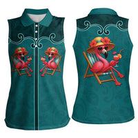 Western Yoke Women Sleeveless Polo Shirt Flamingo Relax Cowboy Style - Wonder Print Shop