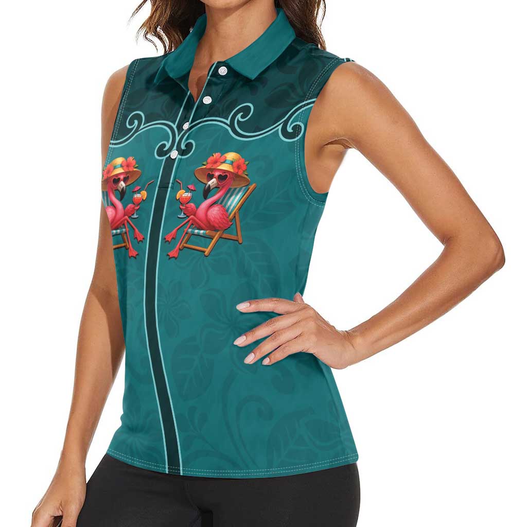 Western Yoke Women Sleeveless Polo Shirt Flamingo Relax Cowboy Style - Wonder Print Shop