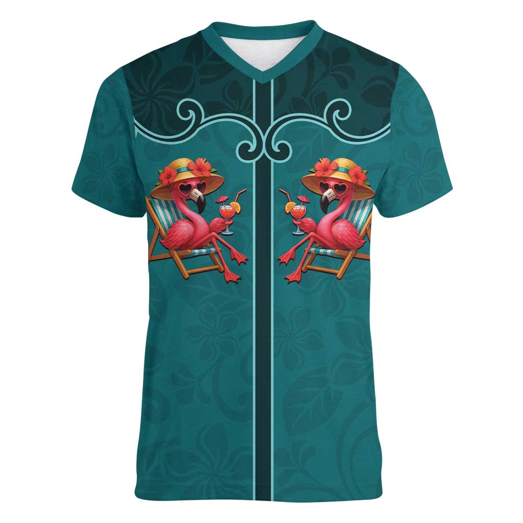 Western Yoke Women V-Neck T-Shirt Flamingo Relax Cowboy Style - Wonder Print Shop