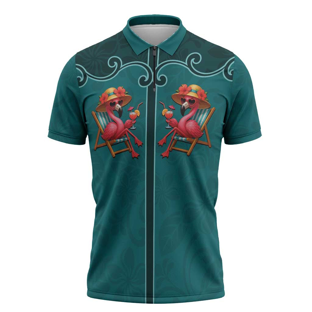 Western Yoke Zipper Polo Shirt Flamingo Relax Cowboy Style - Wonder Print Shop