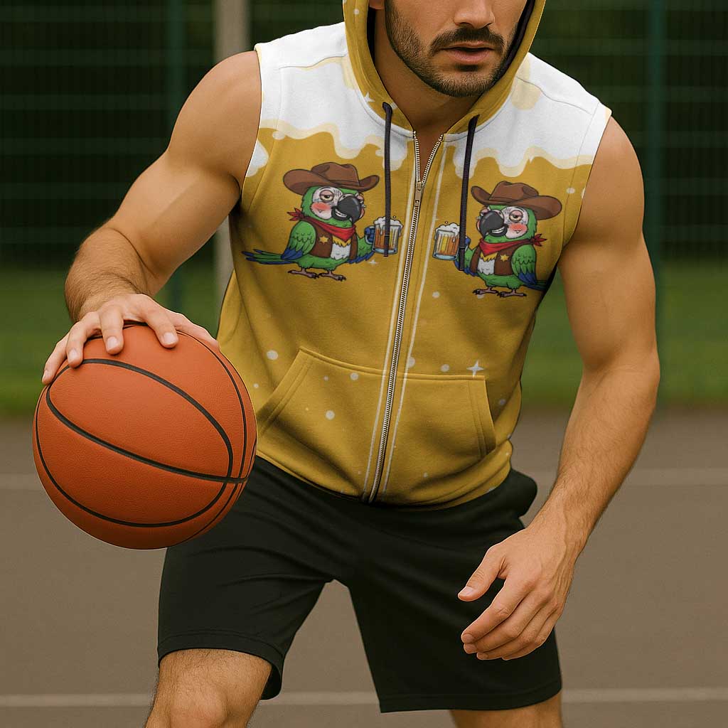 Western Yoke Sleeveless Zip Hoodie Drunk Parrot Cowboy Style - Wonder Print Shop