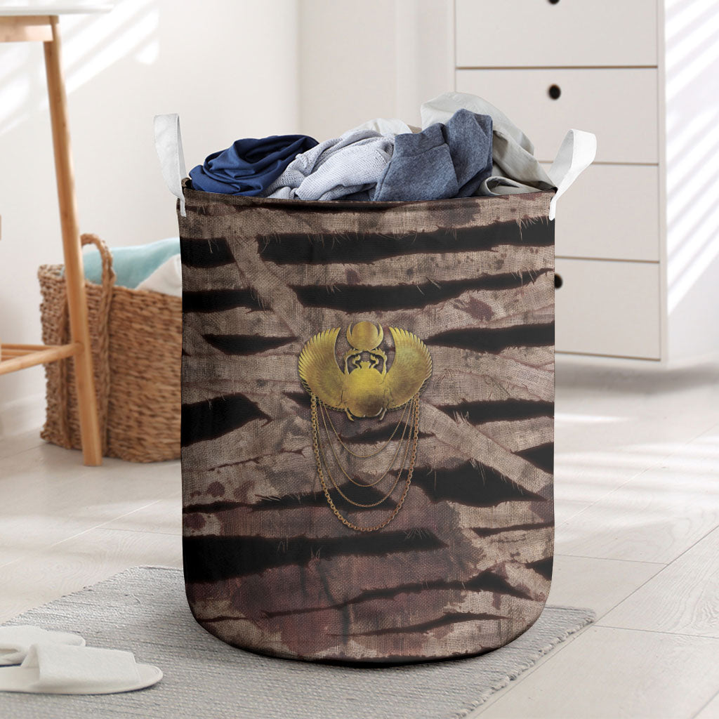 African Halloween Egypt Mummy Wrap Laundry Basket Golden Winged Scarab Badge