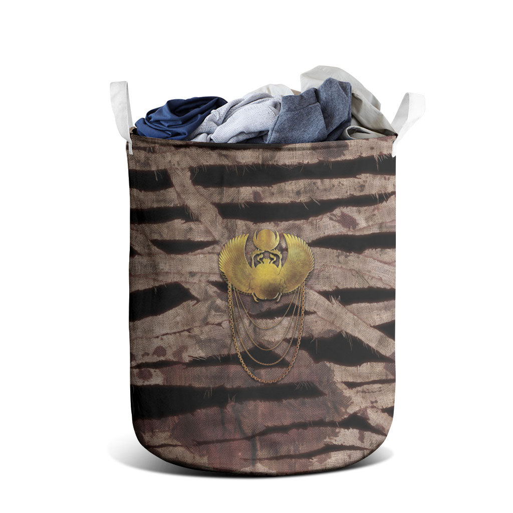 African Halloween Egypt Mummy Wrap Laundry Basket Golden Winged Scarab Badge