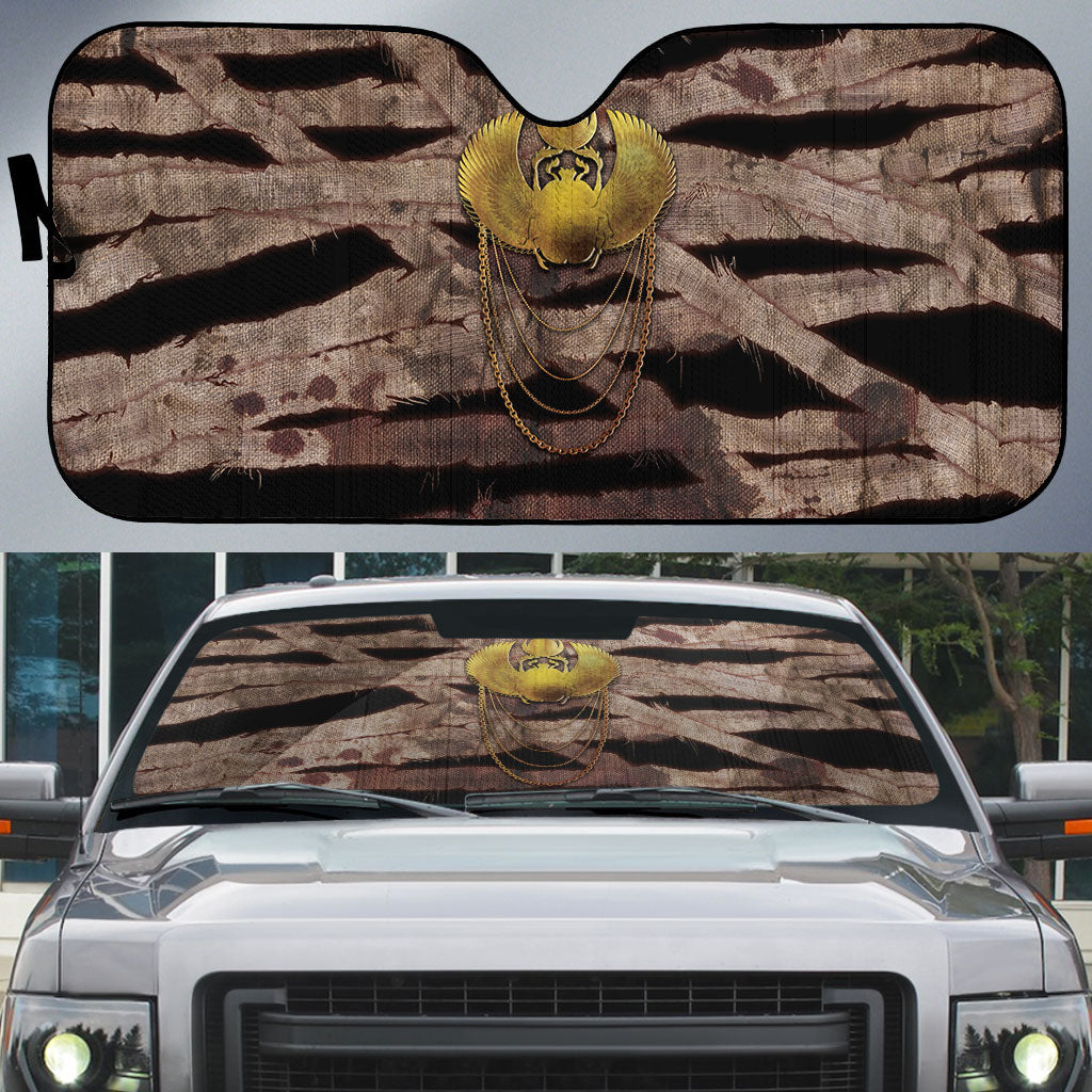 African Halloween Egypt Mummy Wrap Auto Sun Shade Golden Winged Scarab Badge