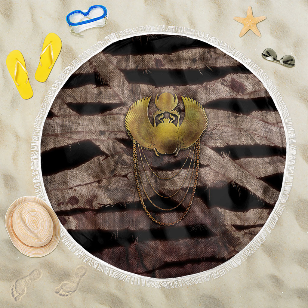 African Halloween Egypt Mummy Wrap Beach Blanket Golden Winged Scarab Badge