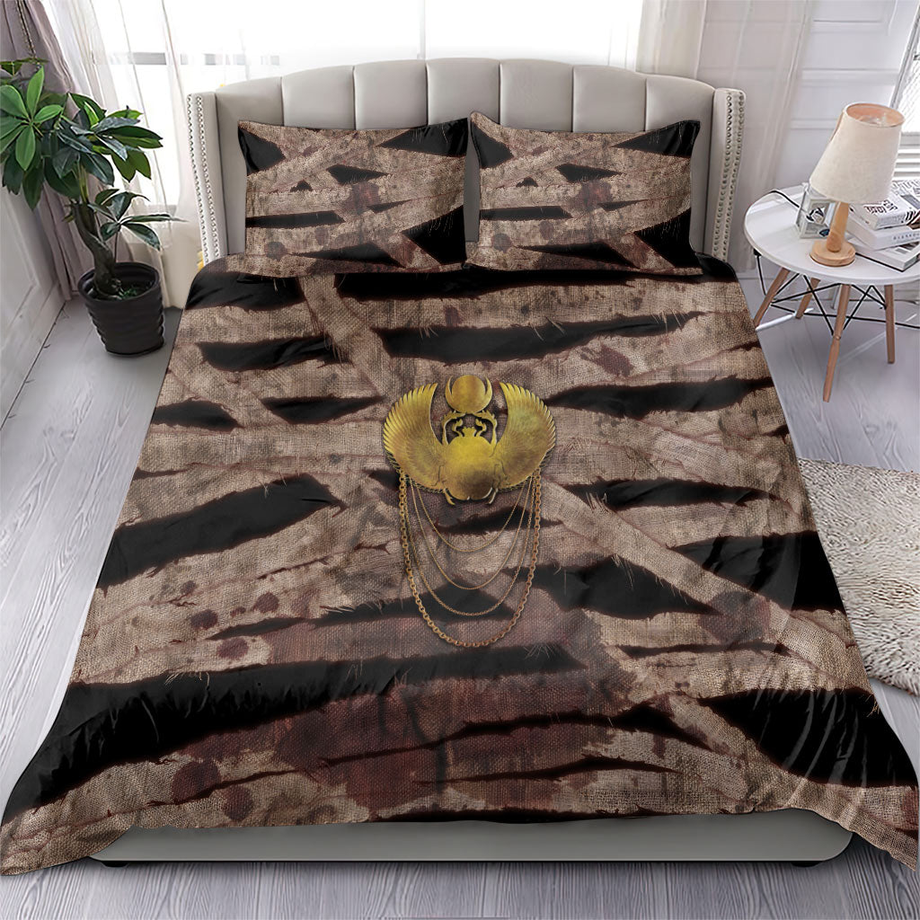 African Halloween Egypt Mummy Wrap Bedding Set Golden Winged Scarab Badge