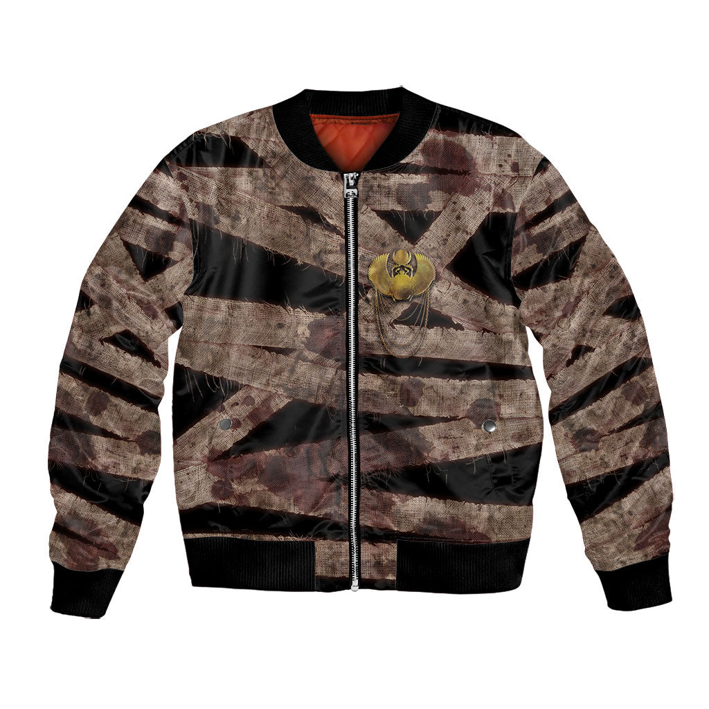 African Halloween Egypt Mummy Wrap Bomber Jacket Golden Winged Scarab Badge