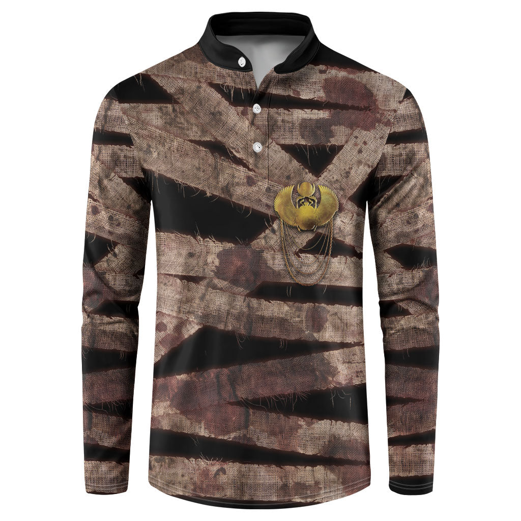 African Halloween Egypt Mummy Wrap Button Sweatshirt Golden Winged Scarab Badge