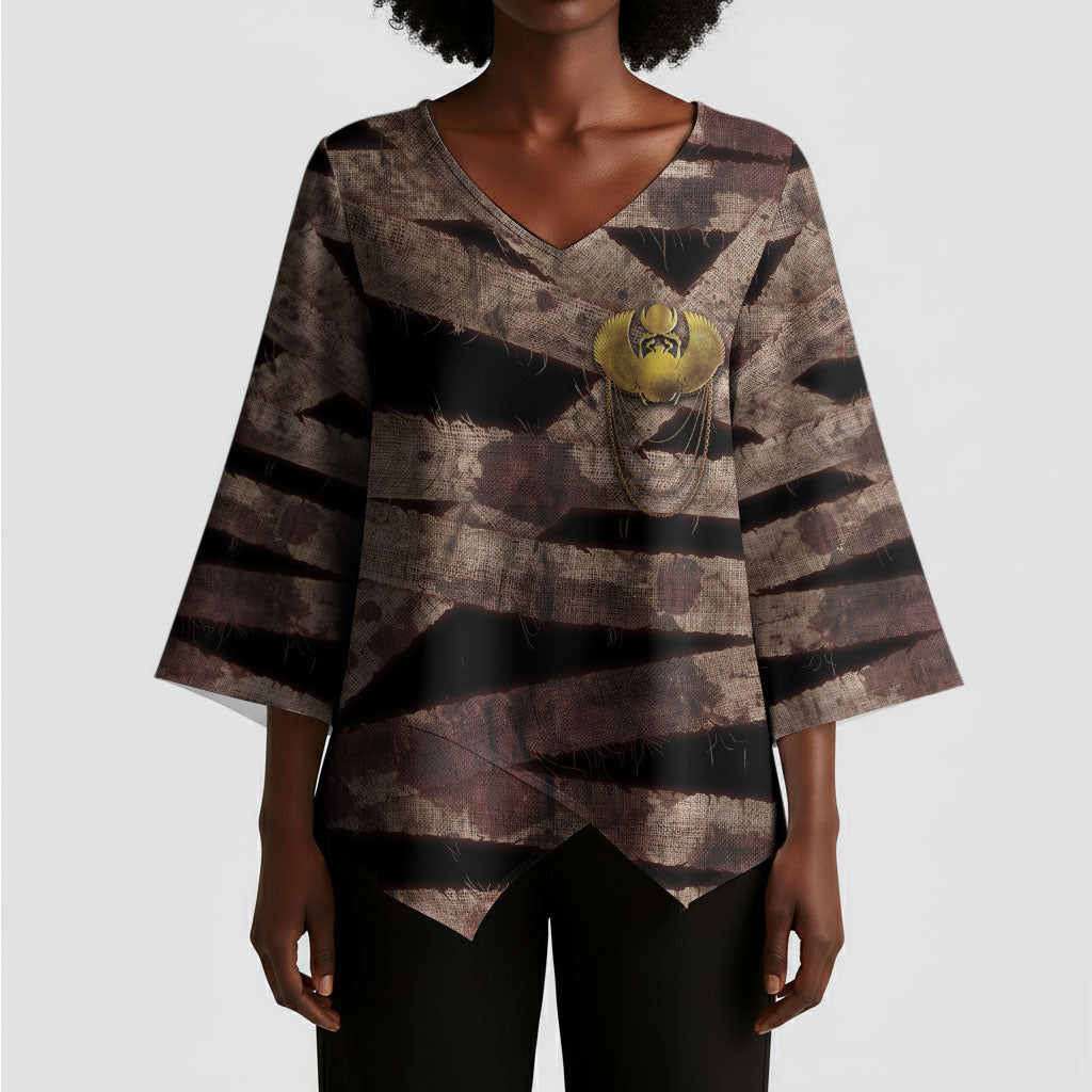 African Halloween Egypt Mummy Wrap Kimono Sleeve Blouse Golden Winged Scarab Badge