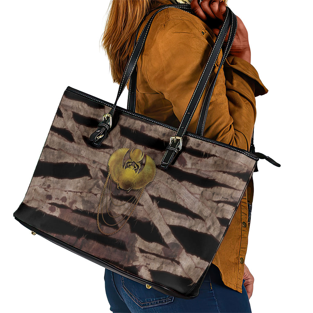 African Halloween Egypt Mummy Wrap Leather Tote Bag Golden Winged Scarab Badge