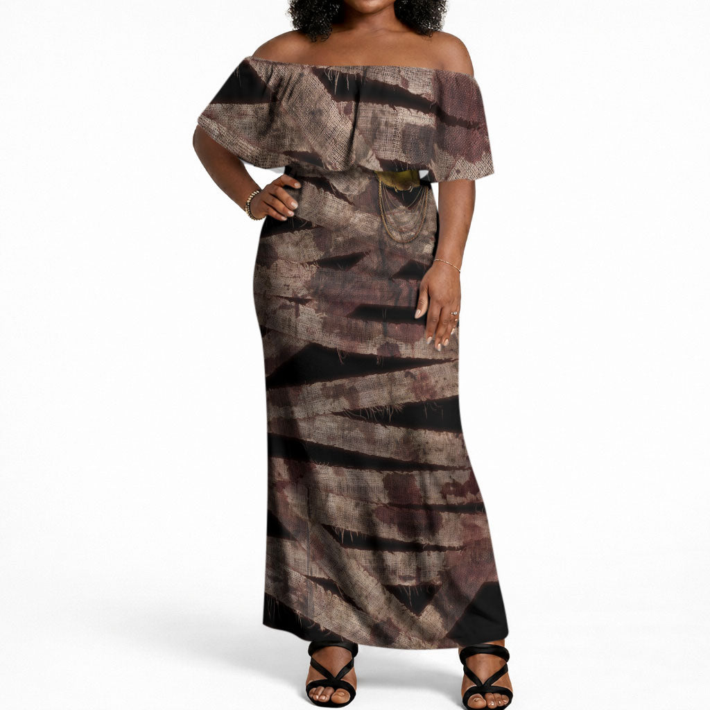 African Halloween Egypt Mummy Wrap Off Shoulder Maxi Dress Golden Winged Scarab Badge