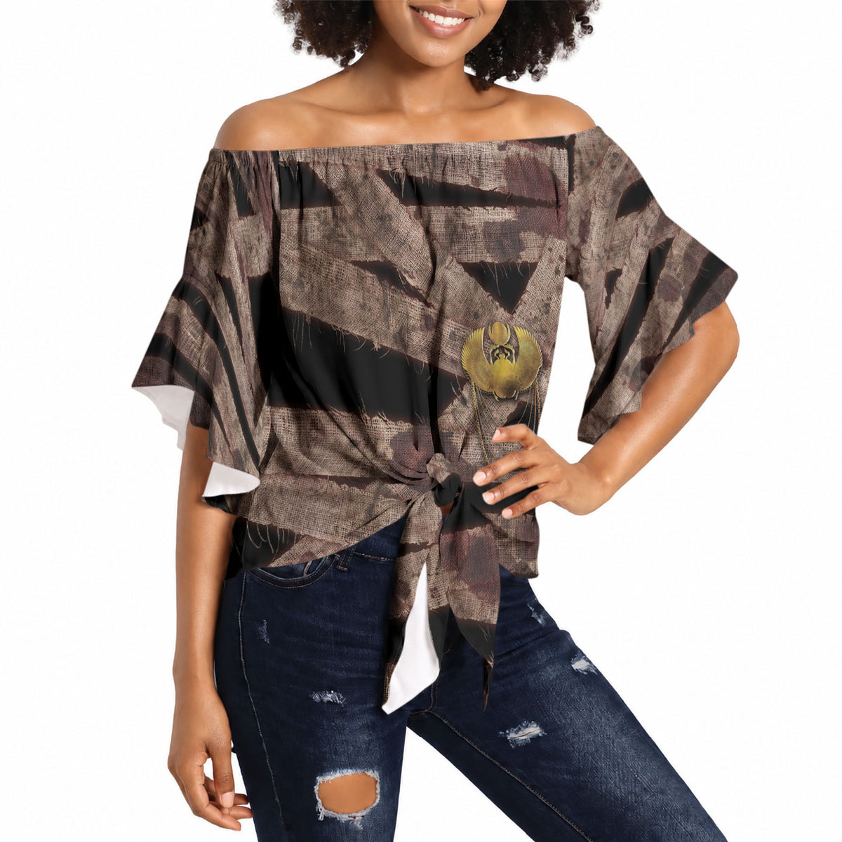 African Halloween Egypt Mummy Wrap Off Shoulder Wrap Waist Top Golden Winged Scarab Badge