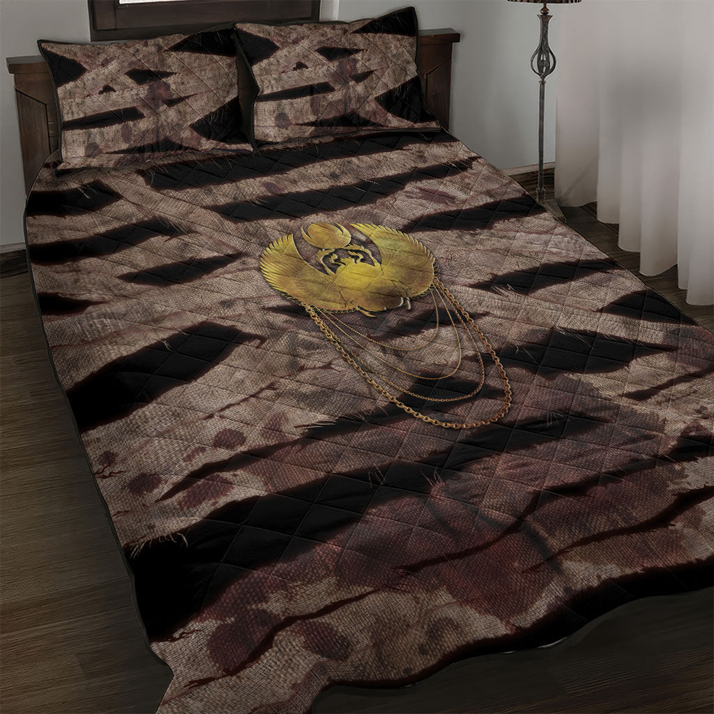 African Halloween Egypt Mummy Wrap Quilt Bed Set Golden Winged Scarab Badge