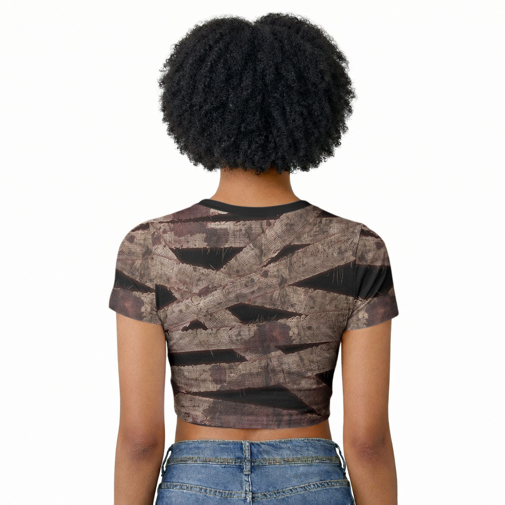 African Halloween Egypt Mummy Wrap Raglan Cropped T shirt Golden Winged Scarab Badge