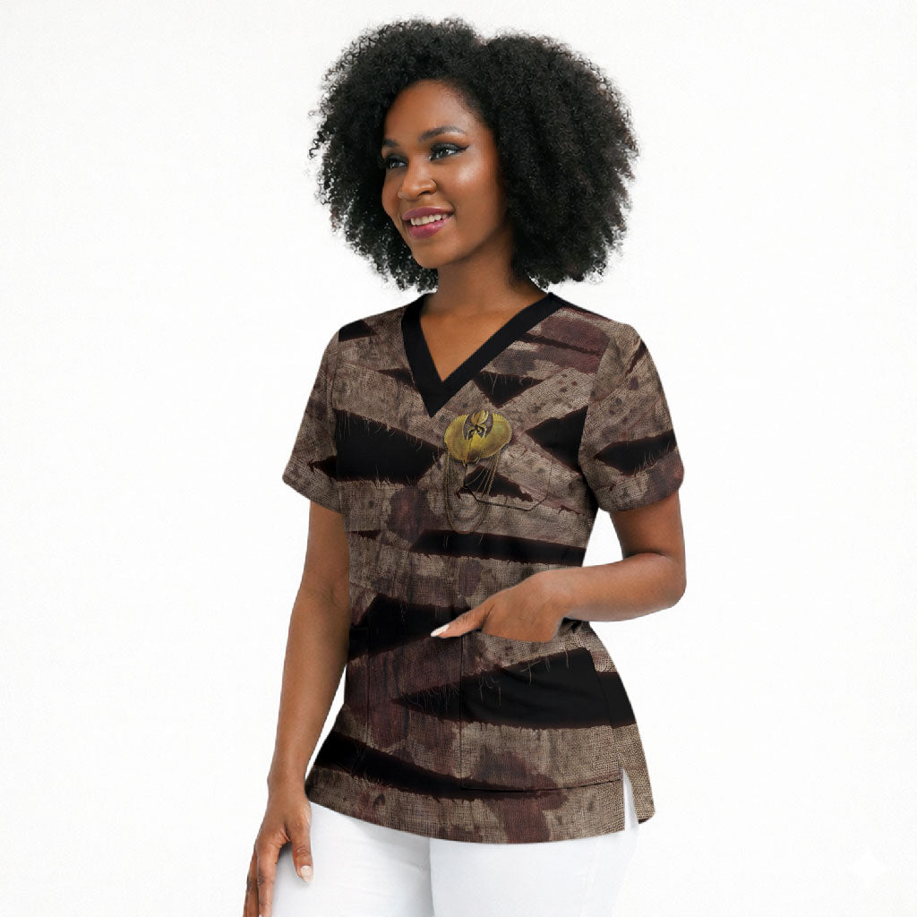 African Halloween Egypt Mummy Wrap Scrub Top Golden Winged Scarab Badge
