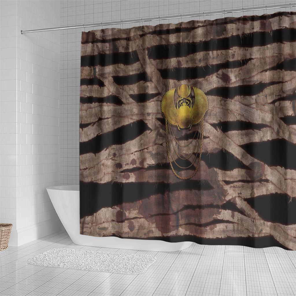 African Halloween Egypt Mummy Wrap Shower Curtain Golden Winged Scarab Badge