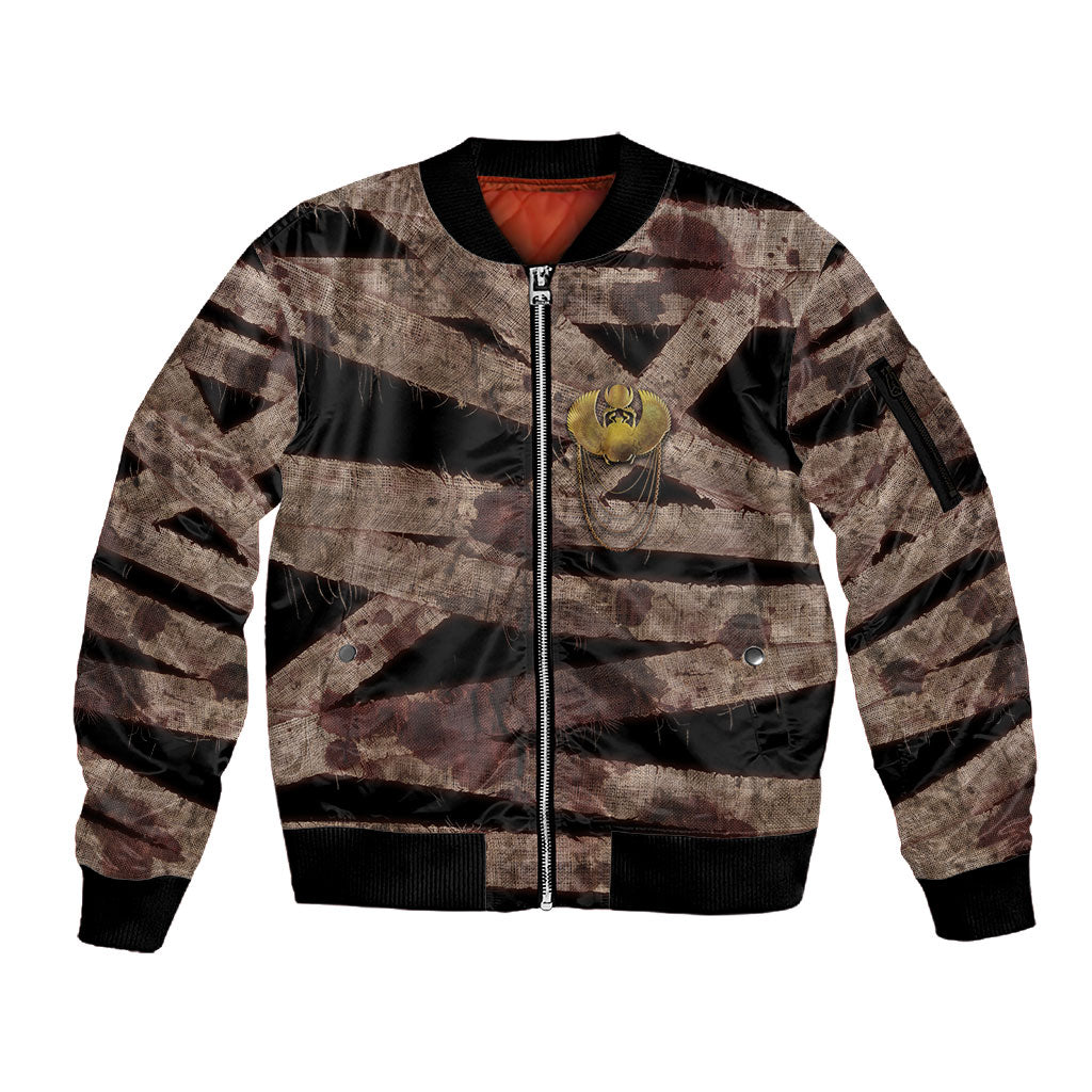 African Halloween Egypt Mummy Wrap Sleeve Zip Bomber Jacket Golden Winged Scarab Badge