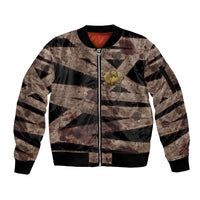African Halloween Egypt Mummy Wrap Sleeve Zip Bomber Jacket Golden Winged Scarab Badge