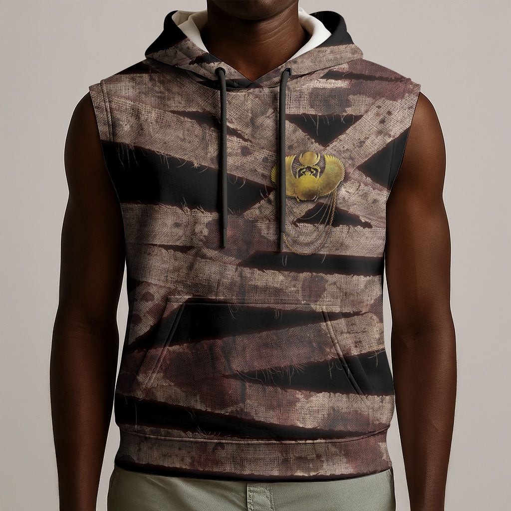 African Halloween Egypt Mummy Wrap Sleeveless Hoodie Golden Winged Scarab Badge