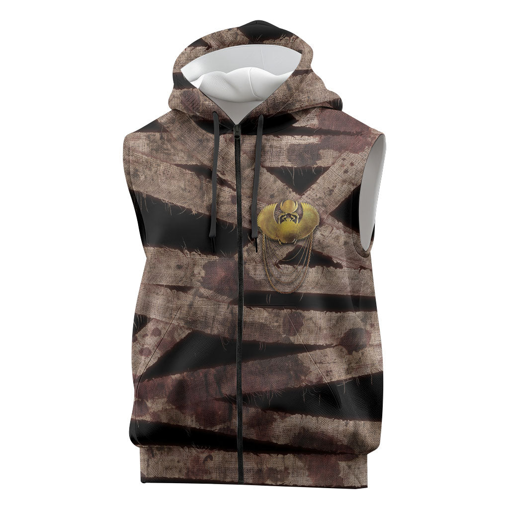 African Halloween Egypt Mummy Wrap Sleeveless Zip Hoodie Golden Winged Scarab Badge