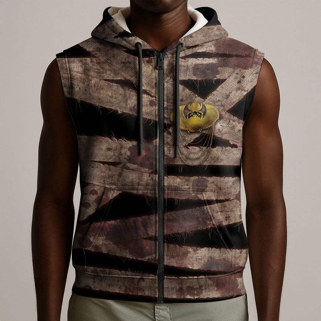 African Halloween Egypt Mummy Wrap Sleeveless Zip Hoodie Golden Winged Scarab Badge
