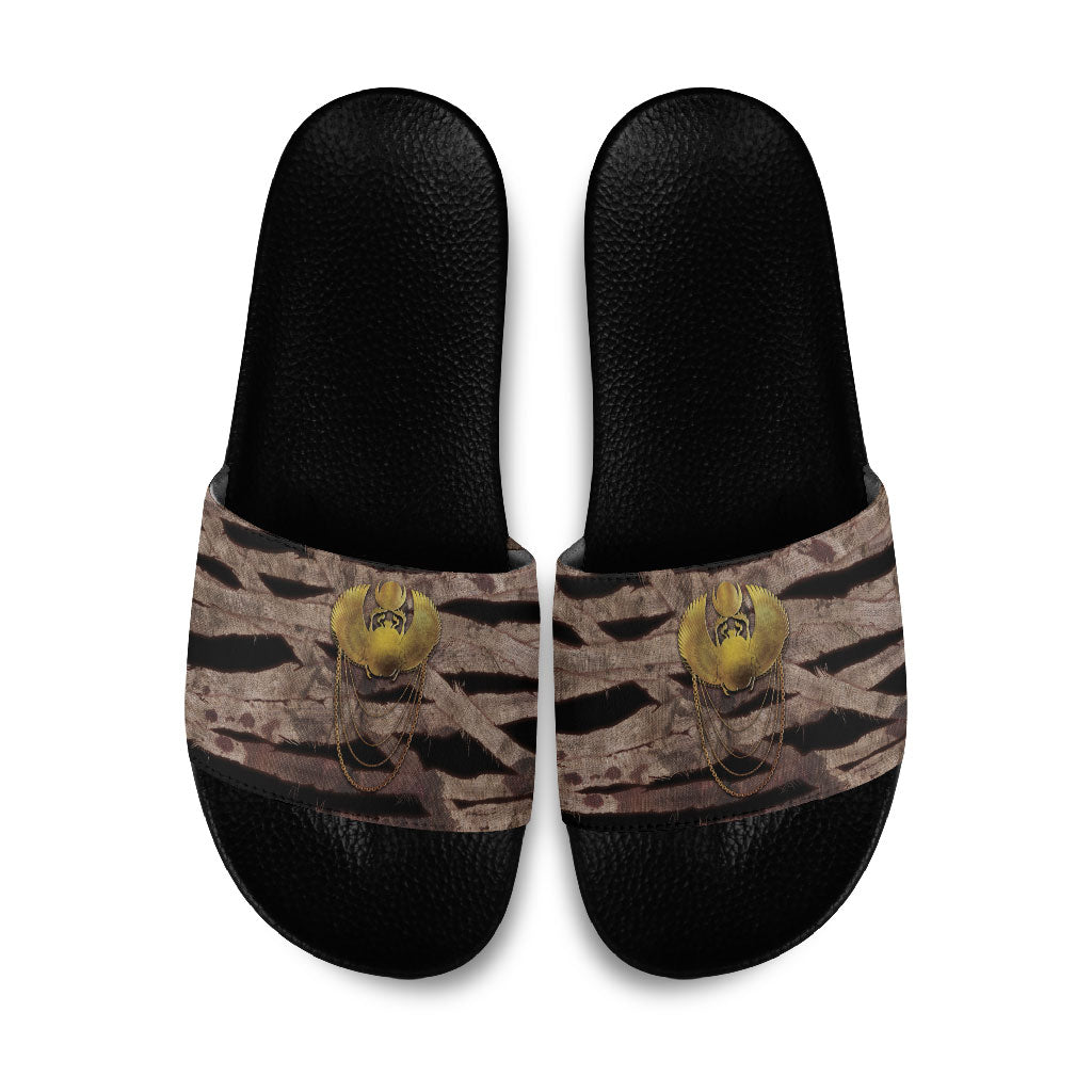 African Halloween Egypt Mummy Wrap Slide Sandals Golden Winged Scarab Badge