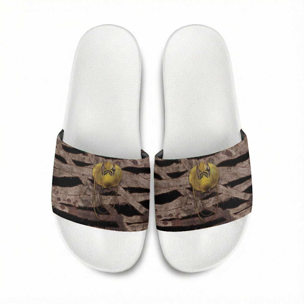African Halloween Egypt Mummy Wrap Slide Sandals Golden Winged Scarab Badge