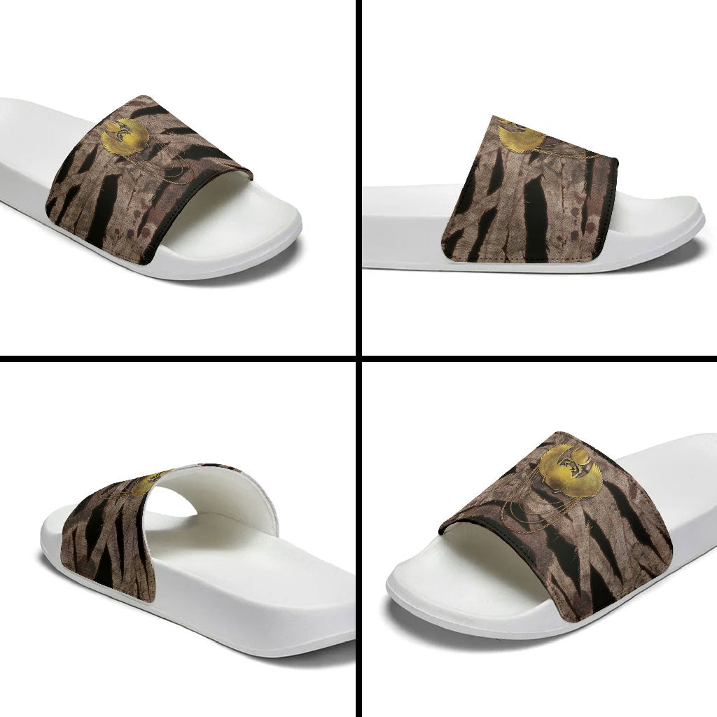 African Halloween Egypt Mummy Wrap Slide Sandals Golden Winged Scarab Badge