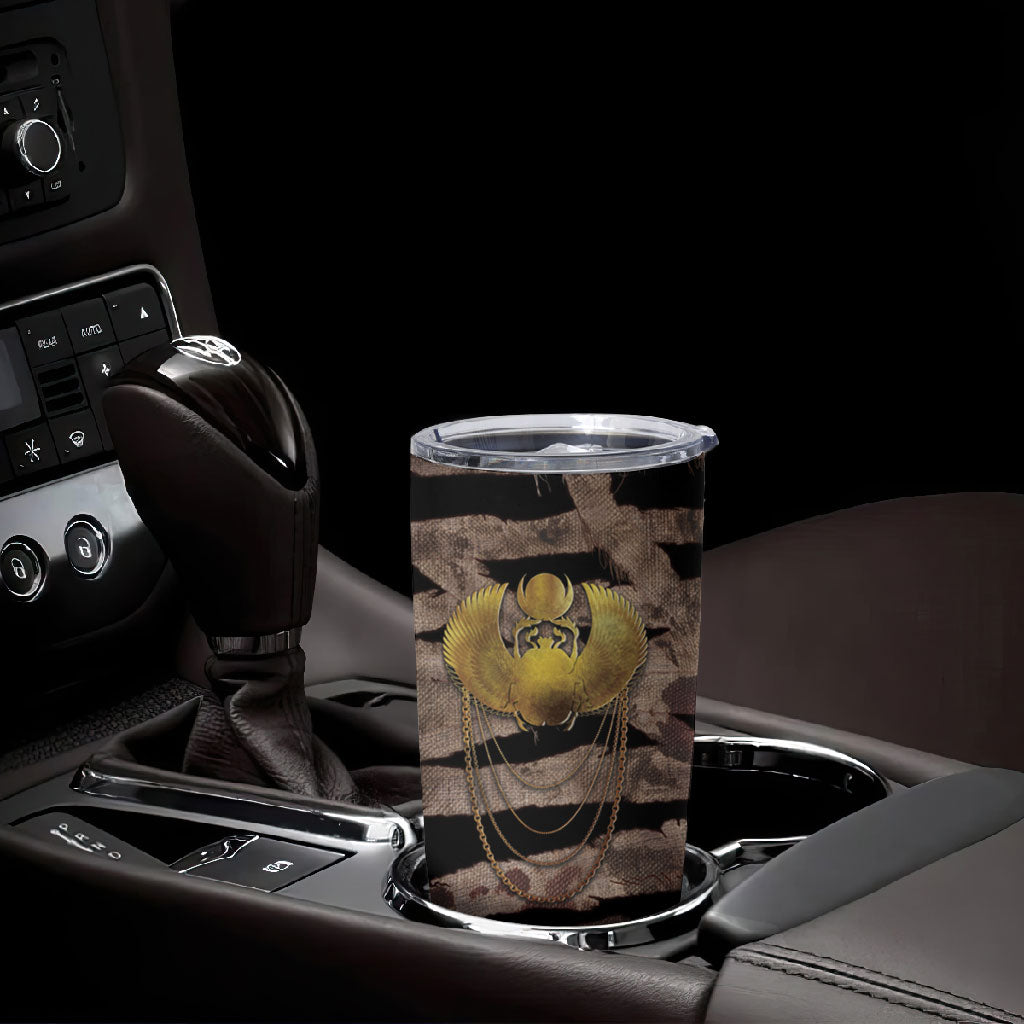 African Halloween Egypt Mummy Wrap Tumbler Cup Golden Winged Scarab Badge