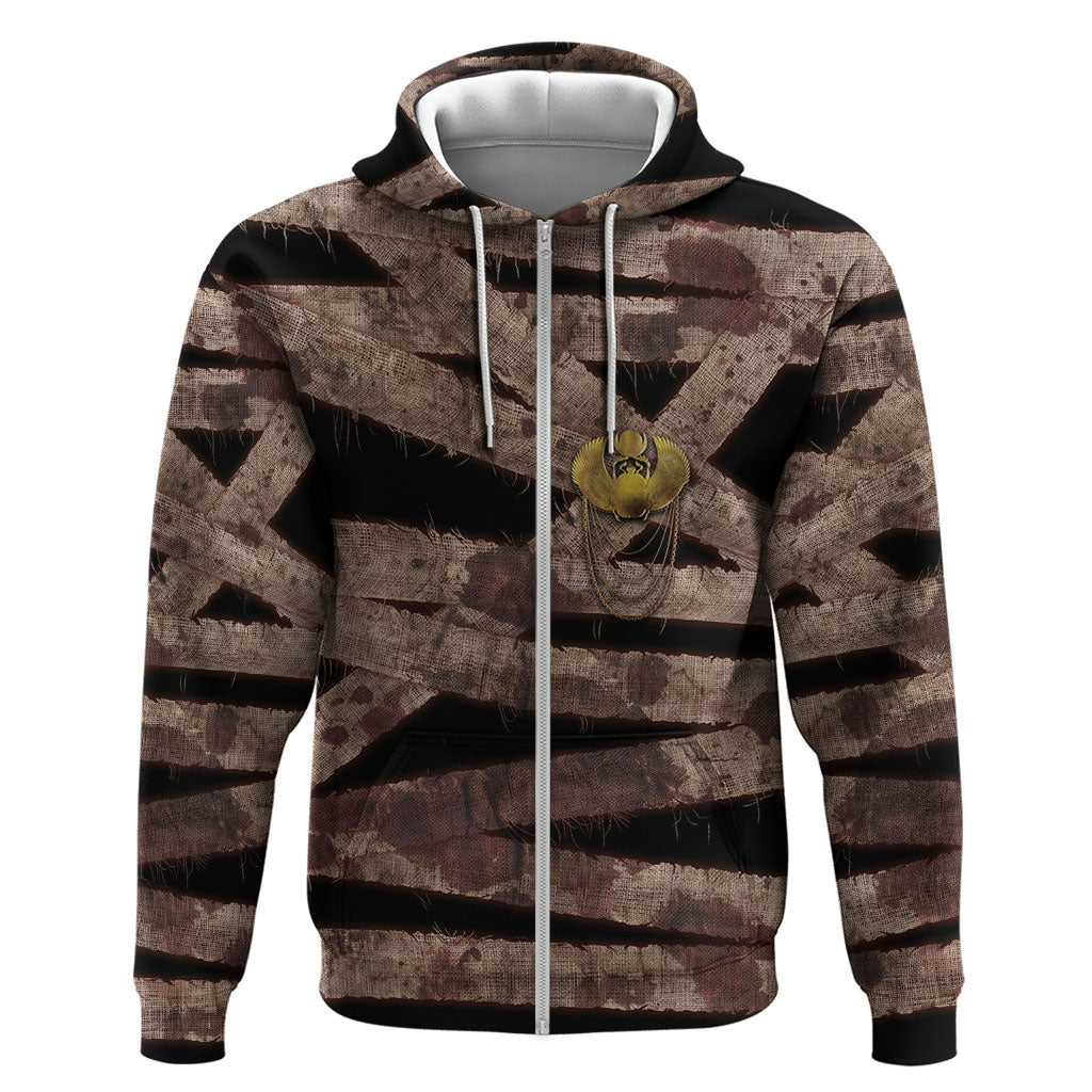 African Halloween Egypt Mummy Wrap Zip Hoodie Golden Winged Scarab Badge