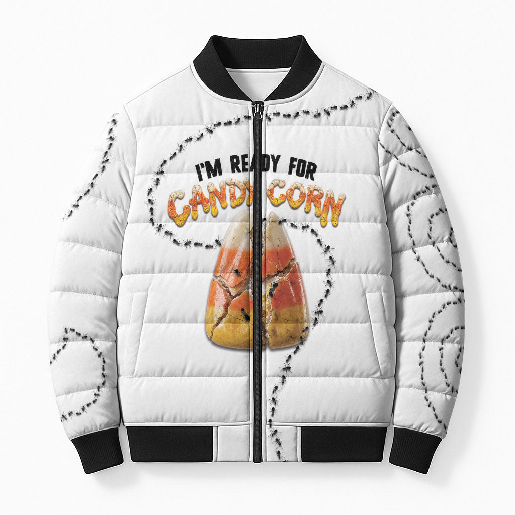 Halloween Ready For Candy Corn Bomber Puffer Jacket Creepy Ant Trail