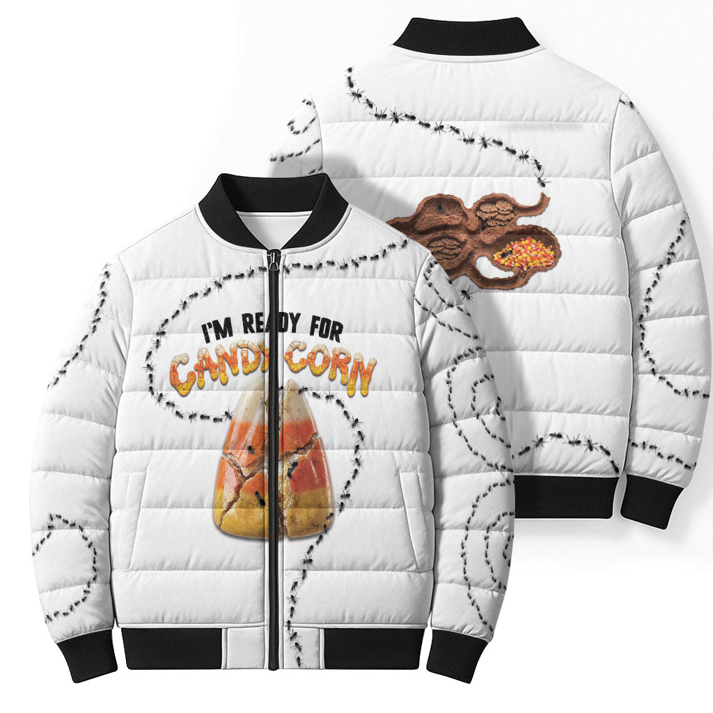 Halloween Ready For Candy Corn Bomber Puffer Jacket Creepy Ant Trail
