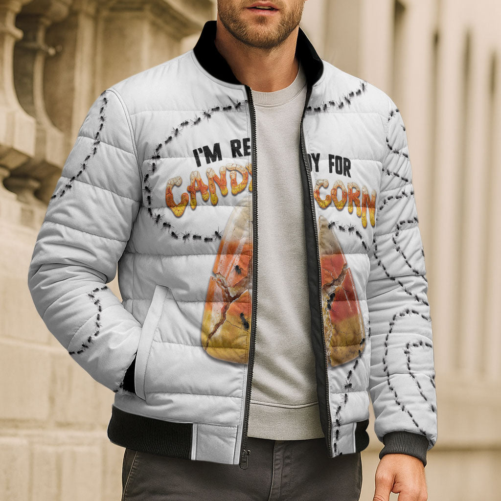 Halloween Ready For Candy Corn Bomber Puffer Jacket Creepy Ant Trail