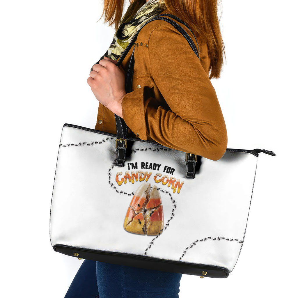 Halloween Ready For Candy Corn Leather Tote Bag Creepy Ant Trail