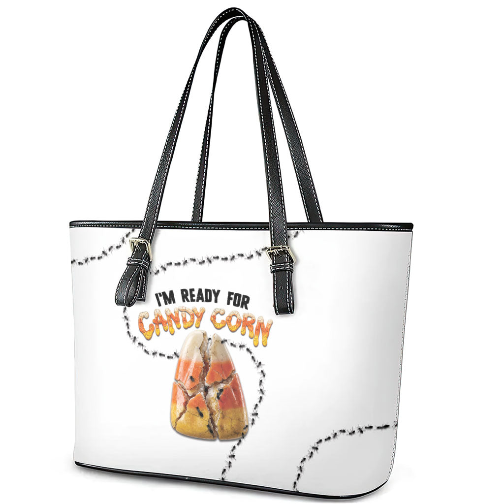 Halloween Ready For Candy Corn Leather Tote Bag Creepy Ant Trail
