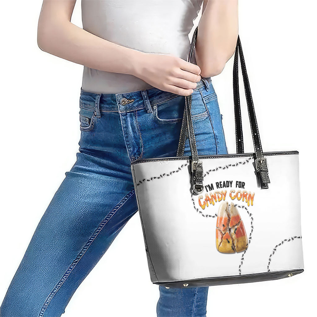 Halloween Ready For Candy Corn Leather Tote Bag Creepy Ant Trail