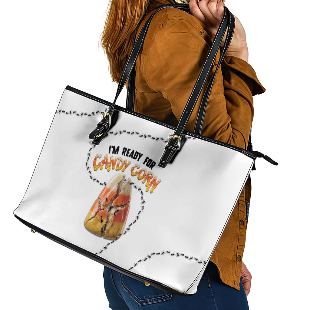 Halloween Ready For Candy Corn Leather Tote Bag Creepy Ant Trail