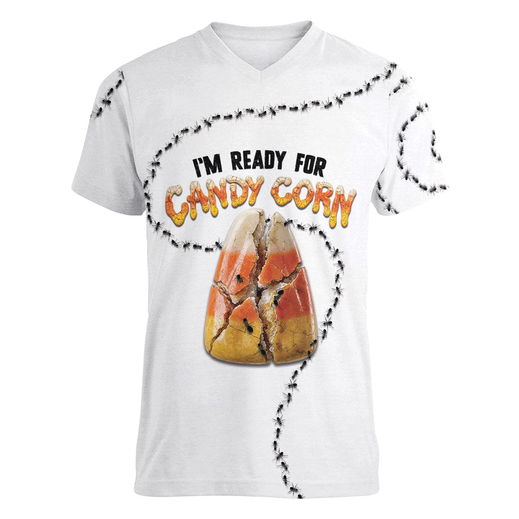 Halloween Ready For Candy Corn Women V-Neck T-Shirt Creepy Ant Trail