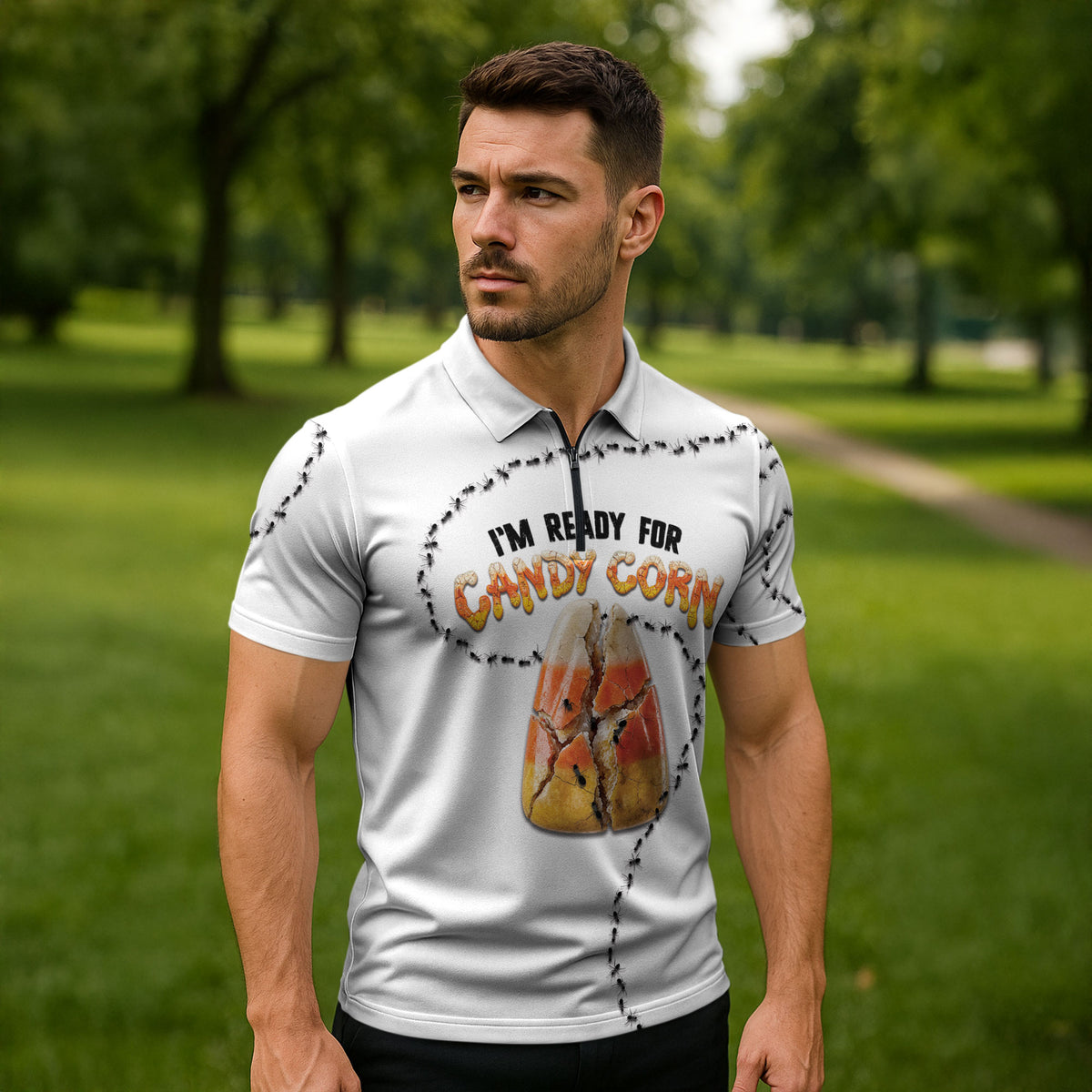 Halloween Ready For Candy Corn Zipper Polo Shirt Creepy Ant Trail