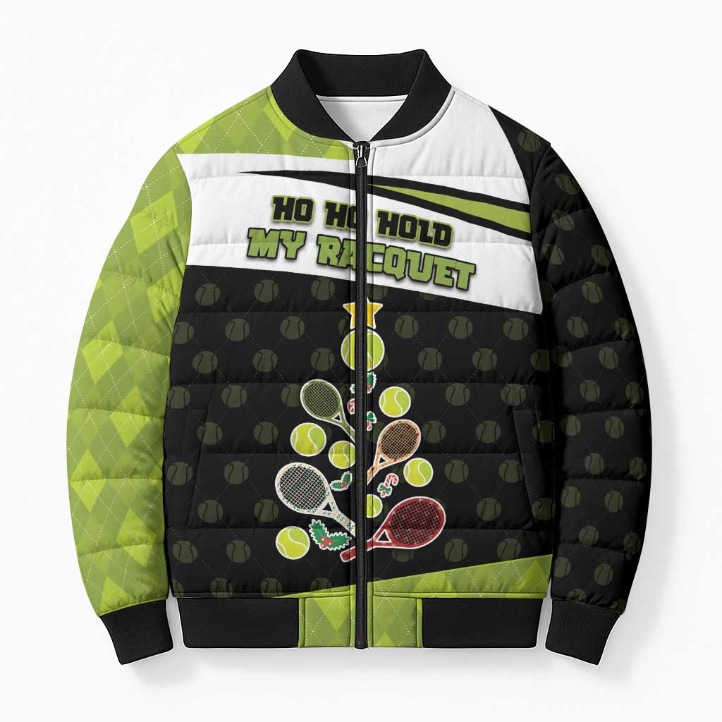 Personalized Tennis Christmas Bomber Puffer Jacket Ho Ho Hold My Racquet - Wonder Print Shop