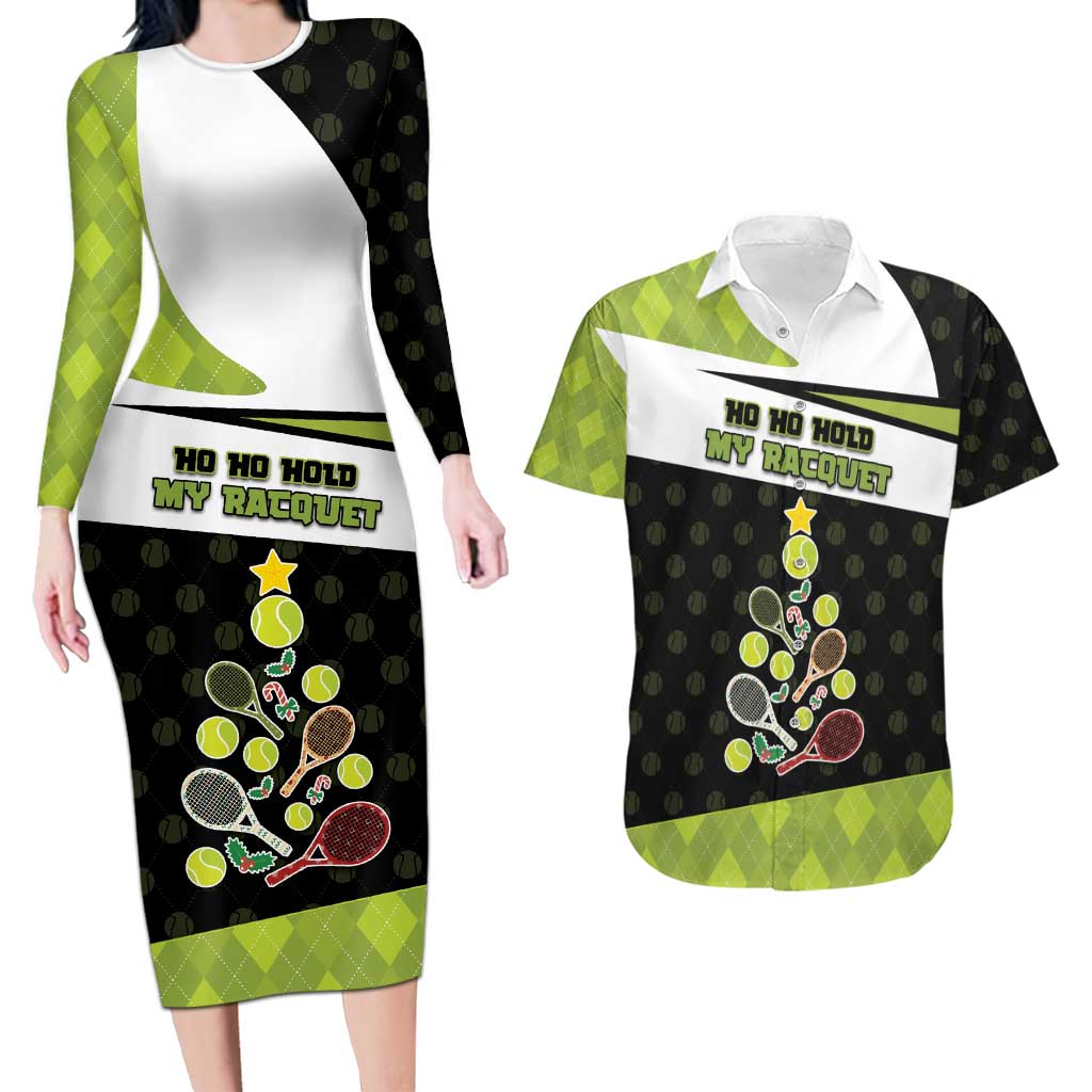 Personalized Tennis Christmas Couples Matching Long Sleeve Bodycon Dress and Hawaiian Shirt Ho Ho Hold My Racquet - Wonder Print Shop