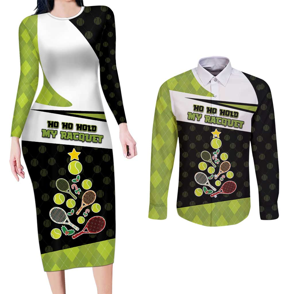 Personalized Tennis Christmas Couples Matching Long Sleeve Bodycon Dress and Long Sleeve Button Shirt Ho Ho Hold My Racquet - Wonder Print Shop