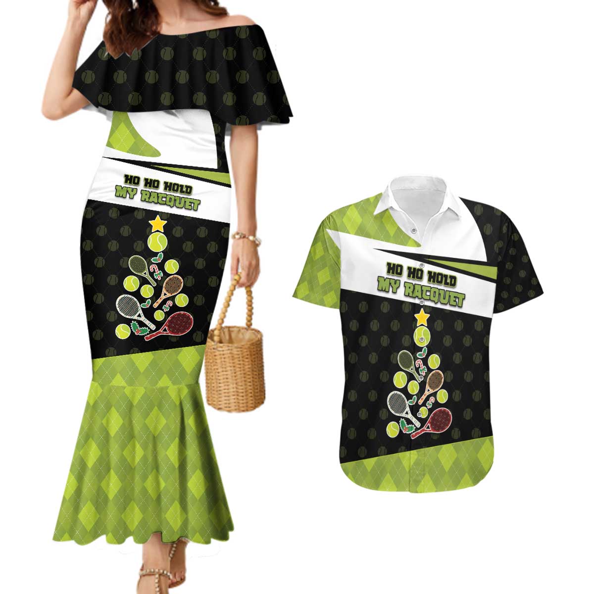 Personalized Tennis Christmas Couples Matching Mermaid Dress and Hawaiian Shirt Ho Ho Hold My Racquet - Wonder Print Shop