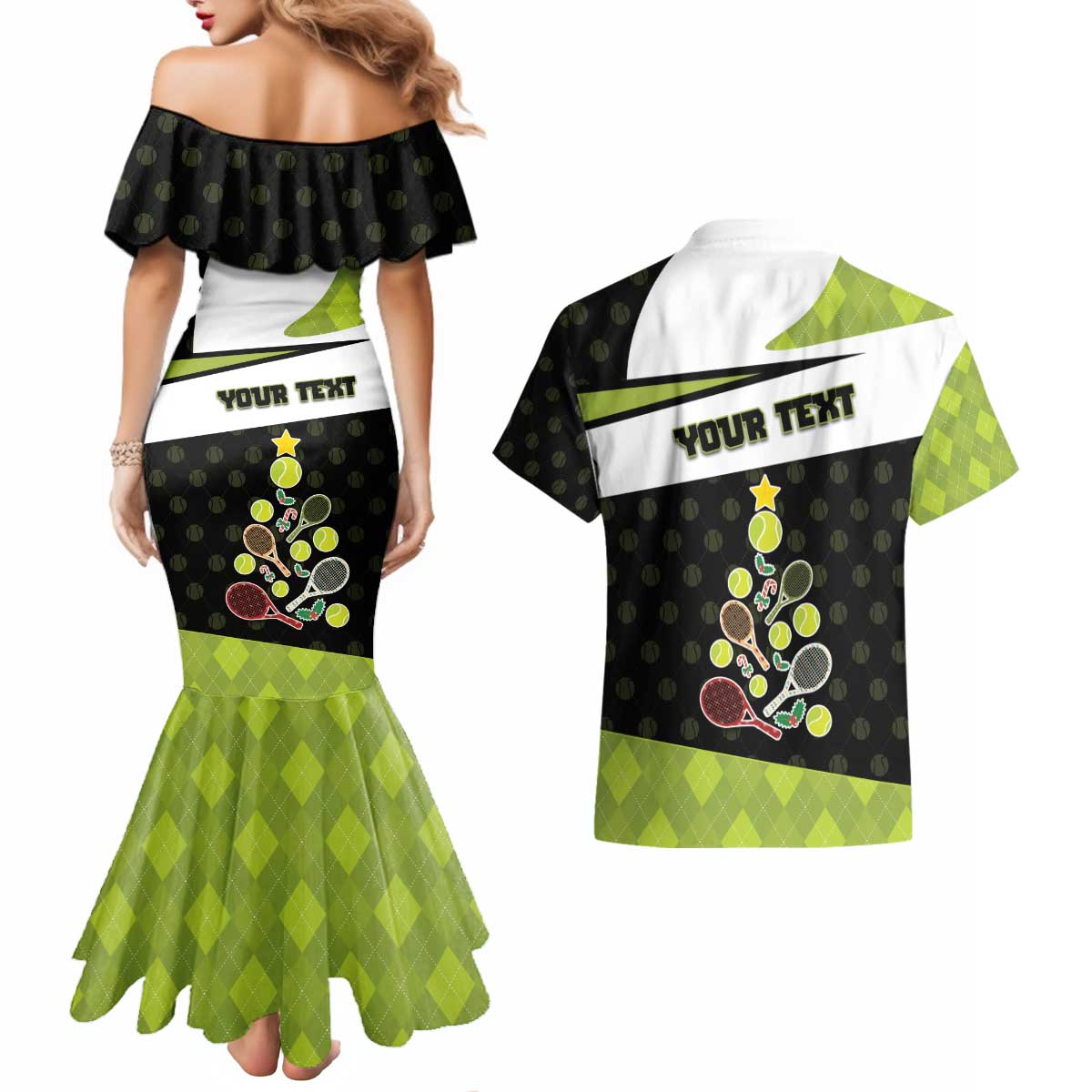 Personalized Tennis Christmas Couples Matching Mermaid Dress and Hawaiian Shirt Ho Ho Hold My Racquet - Wonder Print Shop