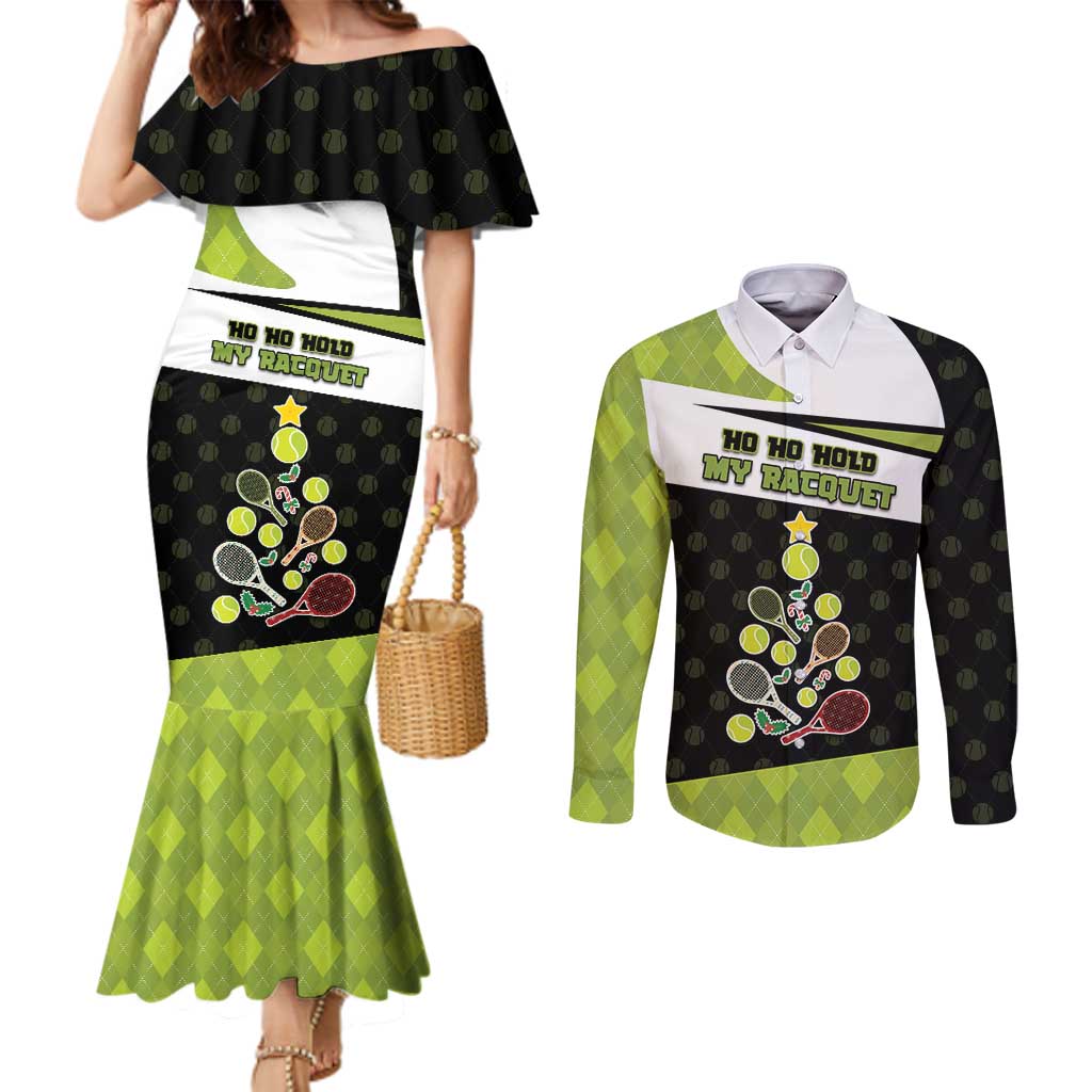 Personalized Tennis Christmas Couples Matching Mermaid Dress and Long Sleeve Button Shirt Ho Ho Hold My Racquet - Wonder Print Shop